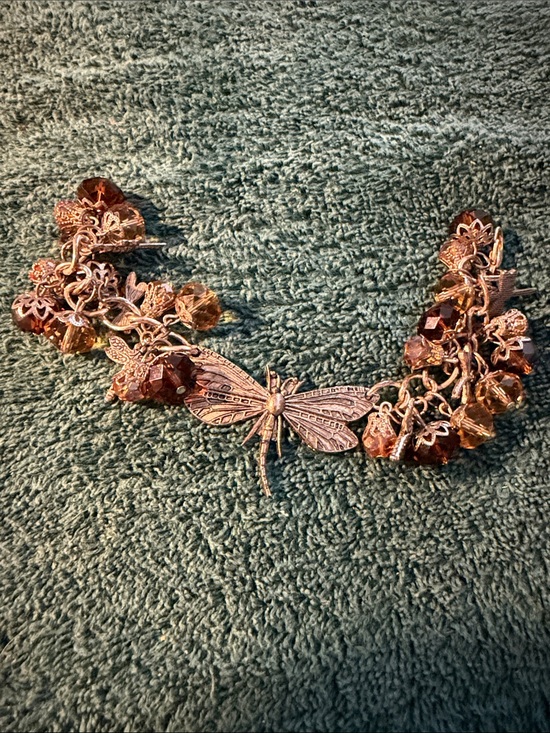 Jewelry - Dragonfly Charm Bracelet with Amber Crystal Beads